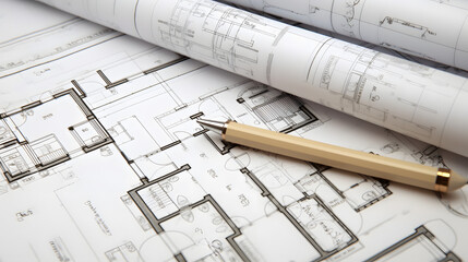 Architect rolls and architectural plan,technical project drawing
