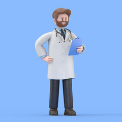 3D illustration of Male Doctor Iverson holds clipboard. Clip art isolated on blue background. Professional consultation. Medical concept
 - obrazy, fototapety, plakaty