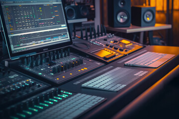 Obraz premium Music Production Modern Studio Control Desk with Powerful Audio Workstation Software. created with Generative AI