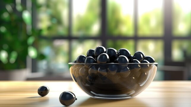 Pitted black olives in bowl on kitchen table. Generative AI