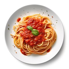 Delicious Plate of Spaghetti with Tomato Sauce on a White Background Generative AI - obrazy, fototapety, plakaty