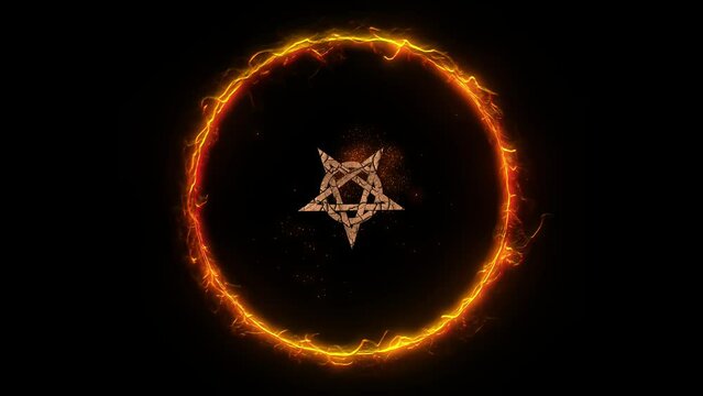 Mystic symbol of cracked stone esoteric pentagram rotating within ring of blazing fire on black background. Animation for occult and spiritual concepts