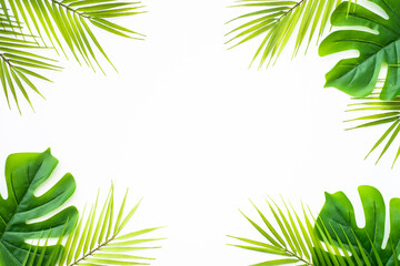 Naklejka na ściany i meble Summer flat lay background. Tropical leaves, palm leaves and monstera on white background.