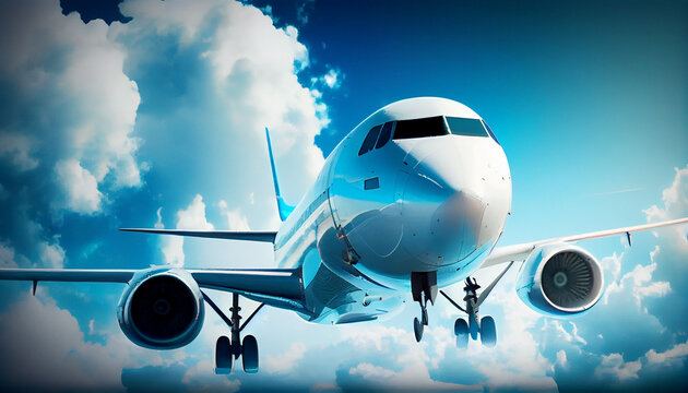 airplane at white cloudy blue sky Ai generated image