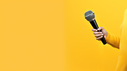 Hand Holding Microphone over Vibrant Yellow Background. created with Generative AI