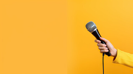 Hand Holding Microphone over Vibrant Yellow Background. created with Generative AI