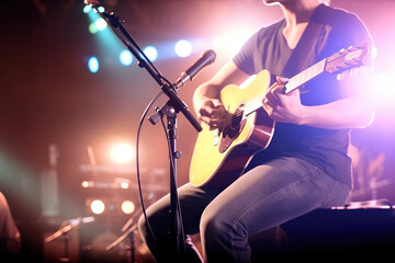 Obraz premium Melodic Echoes: Guitarist Enchants the Stage with Soft and Blur Background. created with Generative AI