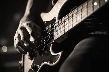 Fototapeta premium Electric Bass Guitar Player's Hands in Live Music Performance. created with Generative AI