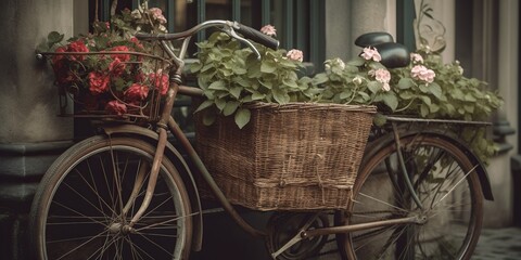 A vintage bicycle with a basket of fresh flowers, evoking a sense of nostalgia and romance, concept of Sentimentality, created with Generative AI technology