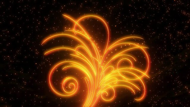 Animation of stylized and glowing golden tree of life growing with luminous starry night in background