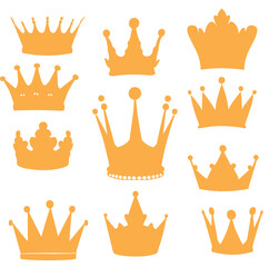 Vector illustration. Crown silhouettes. Big set of royal golden crowns.