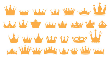 Vector illustration. Crown silhouettes. Big set of royal golden crowns.