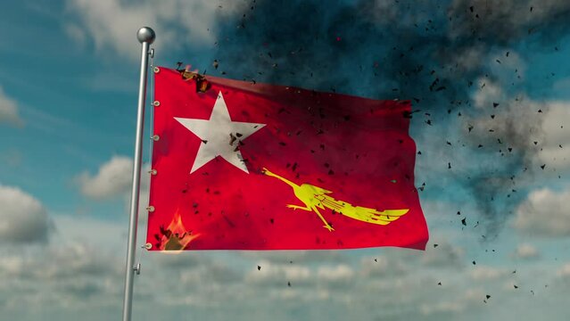 The flag of Myanmar Union Solidarity and Development Association flag flutters in the wind is firing reborn into a democracy flag National League for Democracy.