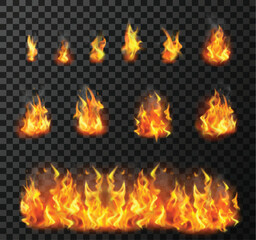 Fire flames set realistic vector illustration 