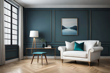 Fototapeta na wymiar Living room with luxury armchair on empty dark wall background