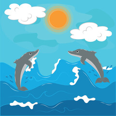 Illustration with dolphins playing in the sea