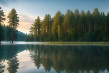 beautifull landscape with reflection of forest trees in the lake in the morning with sunrise scenery created by Generative AI 