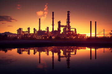 Fototapeta premium Twilight Glow Oil Refinery Plant Illuminating the Desert, Powering the Crude Oil Industry. created with Generative AI