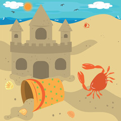 Crab on the sandy shore near the sand castle