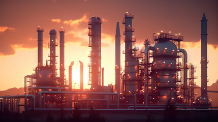 Fototapeta premium Twilight Glow Oil Refinery Plant Illuminating the Desert, Powering the Crude Oil Industry. created with Generative AI