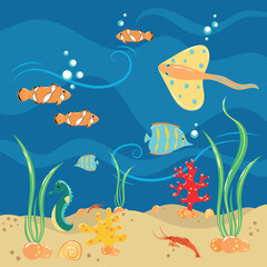 Illustration with marine animals and fish in the sea