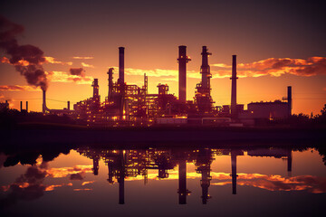 Obraz na płótnie Canvas Twilight Glow Oil Refinery Plant Illuminating the Desert, Powering the Crude Oil Industry. created with Generative AI