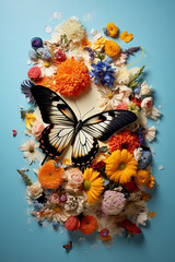 Beautiful Collage of Butterflies and Flowers on Blue Background. Generative ai