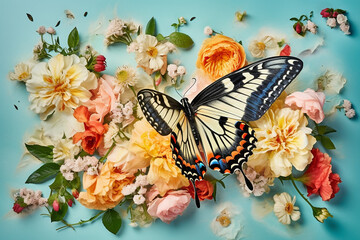 Beautiful Collage of Butterflies and Flowers on Blue Background. Generative ai