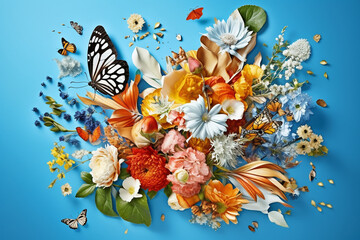Fototapeta na wymiar Beautiful Collage of Butterflies and Flowers on Blue Background. Generative ai