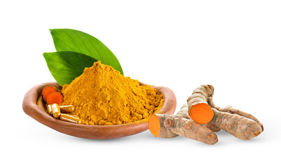 Turmeric and turmeric capsules on transparent png
