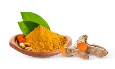 Turmeric and turmeric capsules on transparent png