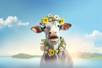 Happy Cow Wearing Flower Crown and Smiling. Generative ai