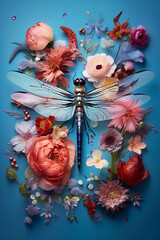 Illustration of Beautiful Dragonfly with Many Flowers Around. Generative ai