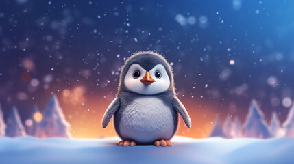 A cute adorable baby penguin rendered in the style of child friendly cartoon animation fantasy style background of icy landscape made with Generative AI