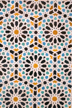 Arabic pattern, moroccan zellige tiles, in the medina of Fes, Morocco