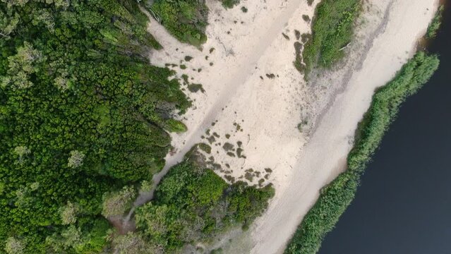 Aerial view over the bank of a river and its environment