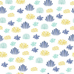 Vector seamless pattern with algae, corals.Underwater cartoon creatures.Marine background.Cute ocean pattern for fabric, childrens clothing,textiles,wrapping paper