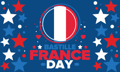 Bastille Day in France. National happy holiday, celebrated annual in July 14. French flag. France independence and freedom. Patriotic elements. Festive design. Vector poster illustration