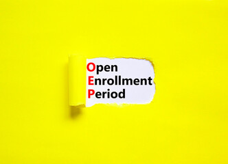 OEP symbol. Concept words OEP Open enrollment period on beautiful white paper. Beautiful yellow...