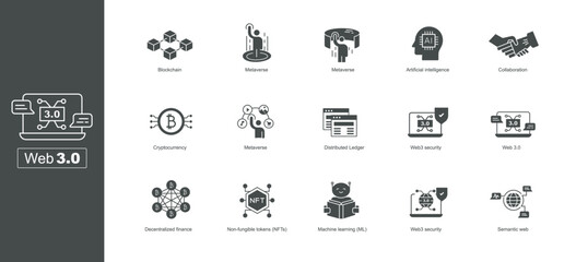 Web 3.0 Icon Set: A Visual Guide to the Future of the Internet - Next-generation web icons - Futuristic web icons. Vector Solid or Glyph Icons.