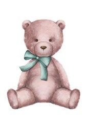 Teddy bear with a bow illustration. Plush toy picture. Romantic gift. Birthday present. Valentines day decoration. Watercolor style hand drawn. Bear for logo, design and greeting card. pencil