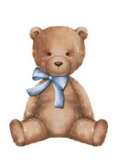 Teddy bear with a bow illustration. Plush toy picture. Romantic gift. Birthday present. Valentines day decoration. Watercolor style hand drawn. Bear for logo, design and greeting card. pencil