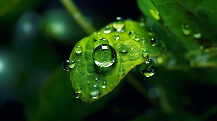 A macro close up illustration of green leaf with rain water dew drops. A.I. generated.