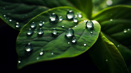 A macro close up illustration of green leaf with rain water dew drops. A.I. generated.