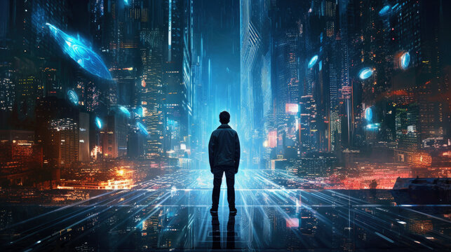 Man Embracing the Futuristic Cityscape: Where Dreams Meet Reality (Generative Ai)