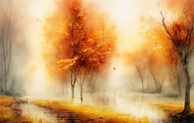An autumn trees with orange leaves in the rain, Oil painting style illustration. Generative Ai.