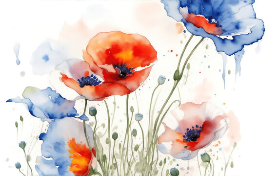 Watercolors flowers background, red poppies flowers made from watercolor paint splashes. Generative AI.