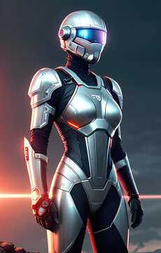 Future female soldier in cybernetic metal full body armor, superhero fantastic and futuristic background. Generative Ai.