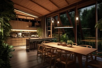 Fototapeta premium natural kitchen and dining table with bamboo plant