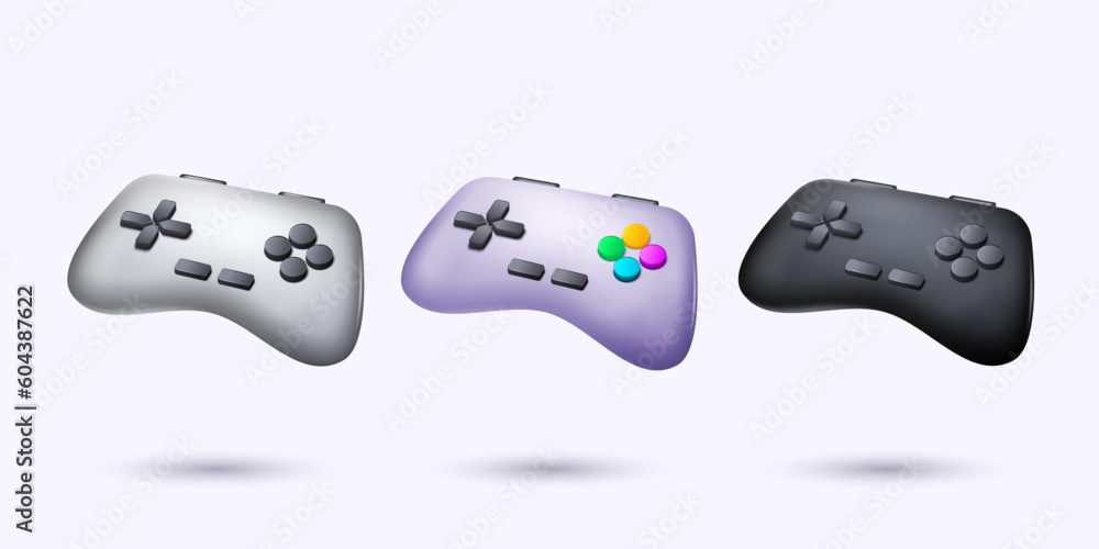 Aufkleber 3d game joystick. Control gamer toy, game pad for play in videogames, video joypad render isolated elements different colors, joy pad device. Computer devices with buttons vector cartoon object